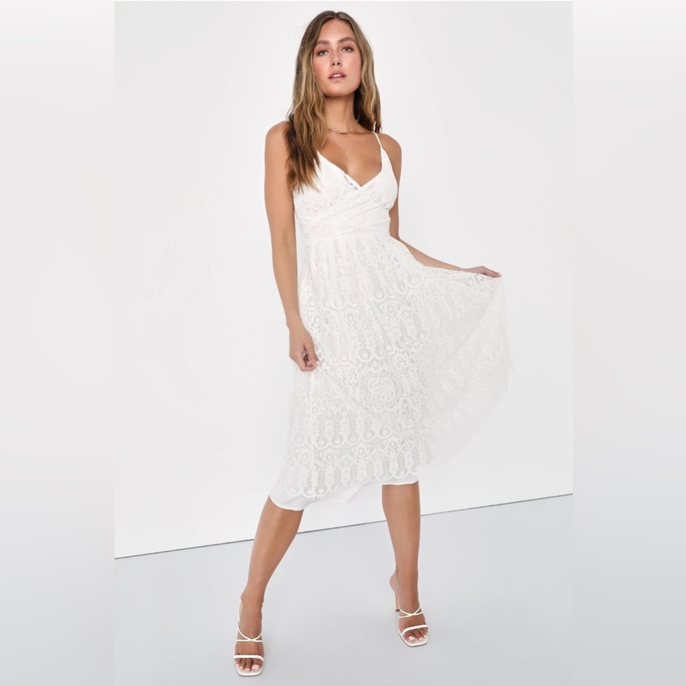 NWT LULUS Dreamy Essence Ivory Lace Tie-Back Sleeveless Midi Dress